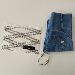 WRUP Denim 3 Button High Waisted - Petite Length - Light Blue + Yellow Stitching